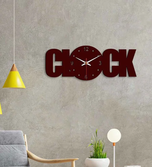 Clock Text Shape Brown Wood MDF Wall Clock
