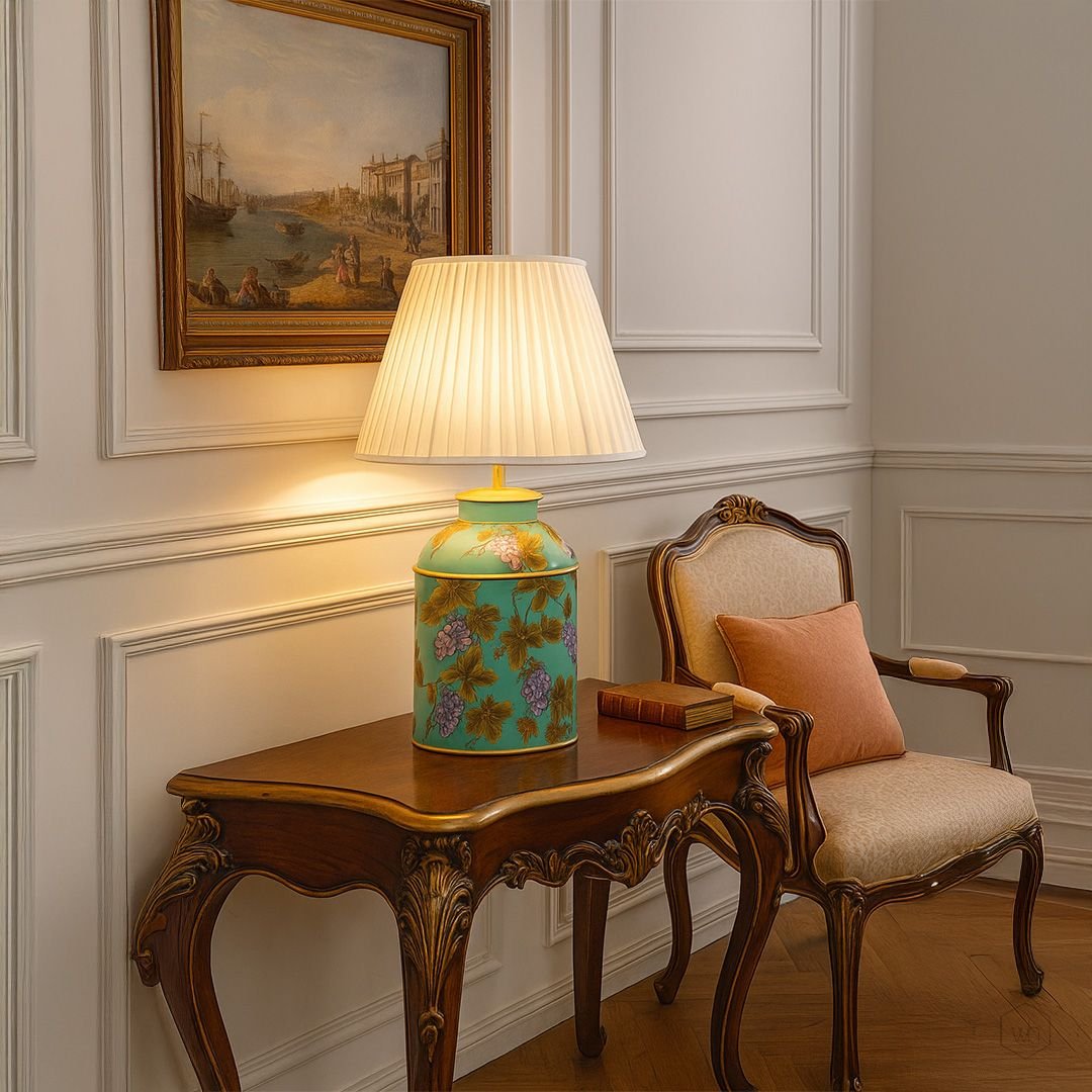 Grape Vine Blue Metal Table Lamp - Off White Pleated Lamp shade