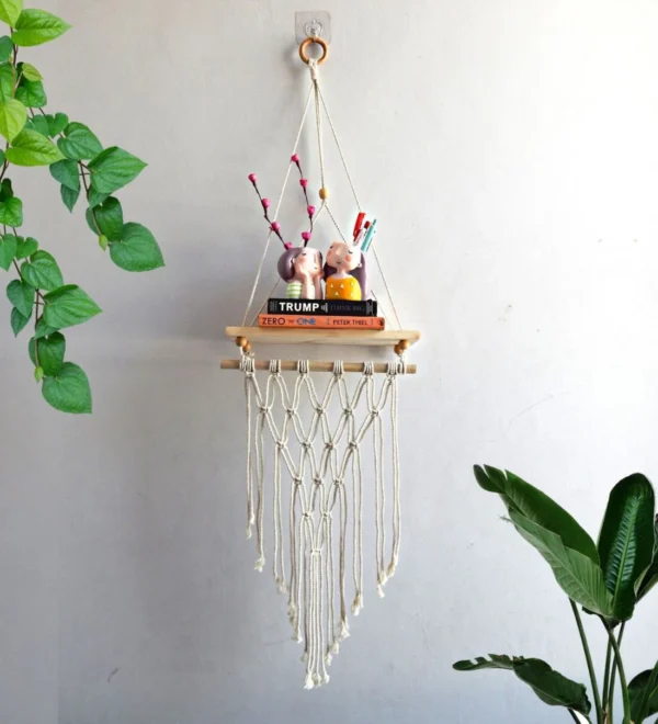 Handmade Macrame Wall Hanging with Pine Wood Shelf in Off-White