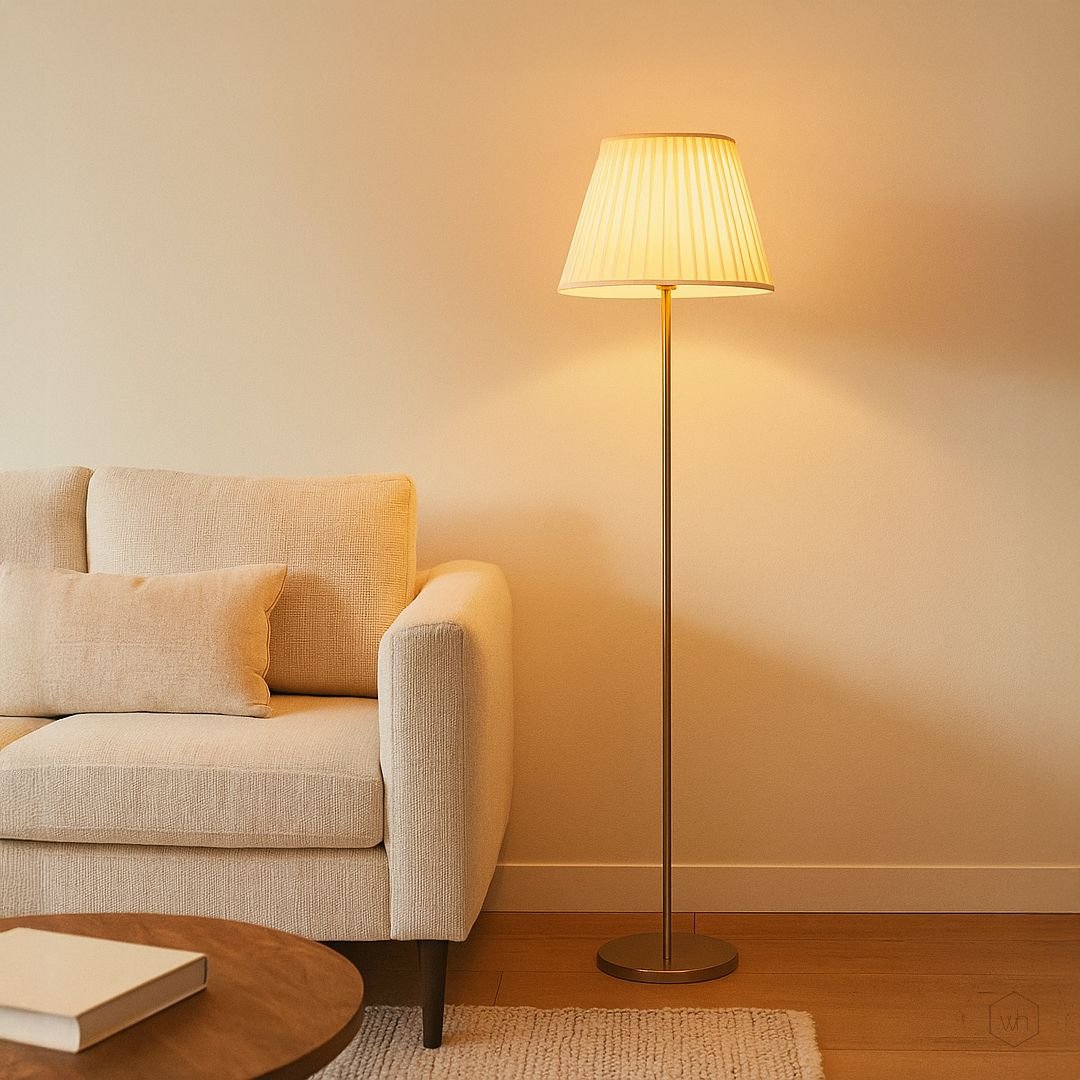 Stilo Linear Gold Floor Lamp with Pleated Empire Shade - Off-White